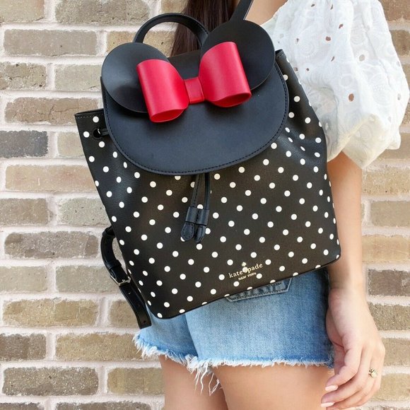 Disney x Kate Spade New York Minnie Mouse Drawstring Flap Backpack Black Dot Bow - Picture 2 of 6